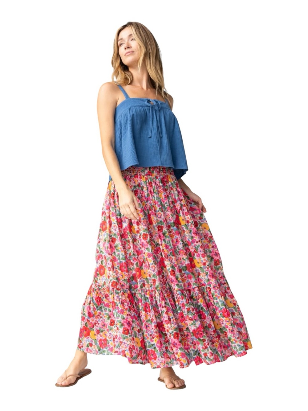 Natural life Floral print Convertible 100% Cotton Maxi Skirt /dress smocked Sz L